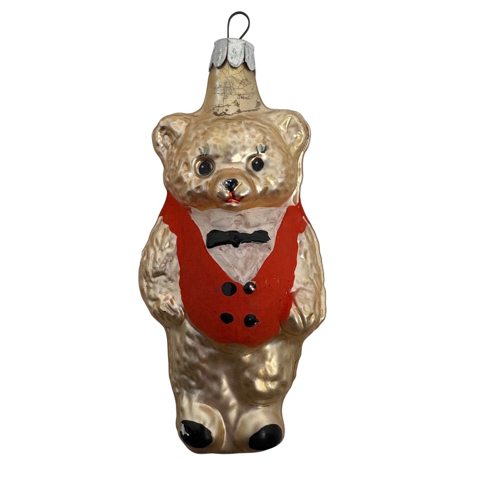 Vintage Teddy Bear Christmas Ornament Red Vest Black Bow Gold Tone Blown Glass